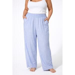 Aerie 2020s Blue Linen Blend Wide Leg Pants XL Elastic Waist Pockets NWT